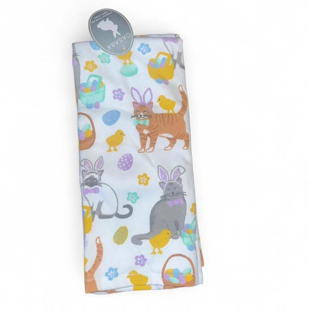 Casaba Easter Cat and Kittens Kitchen Towel Set NWT